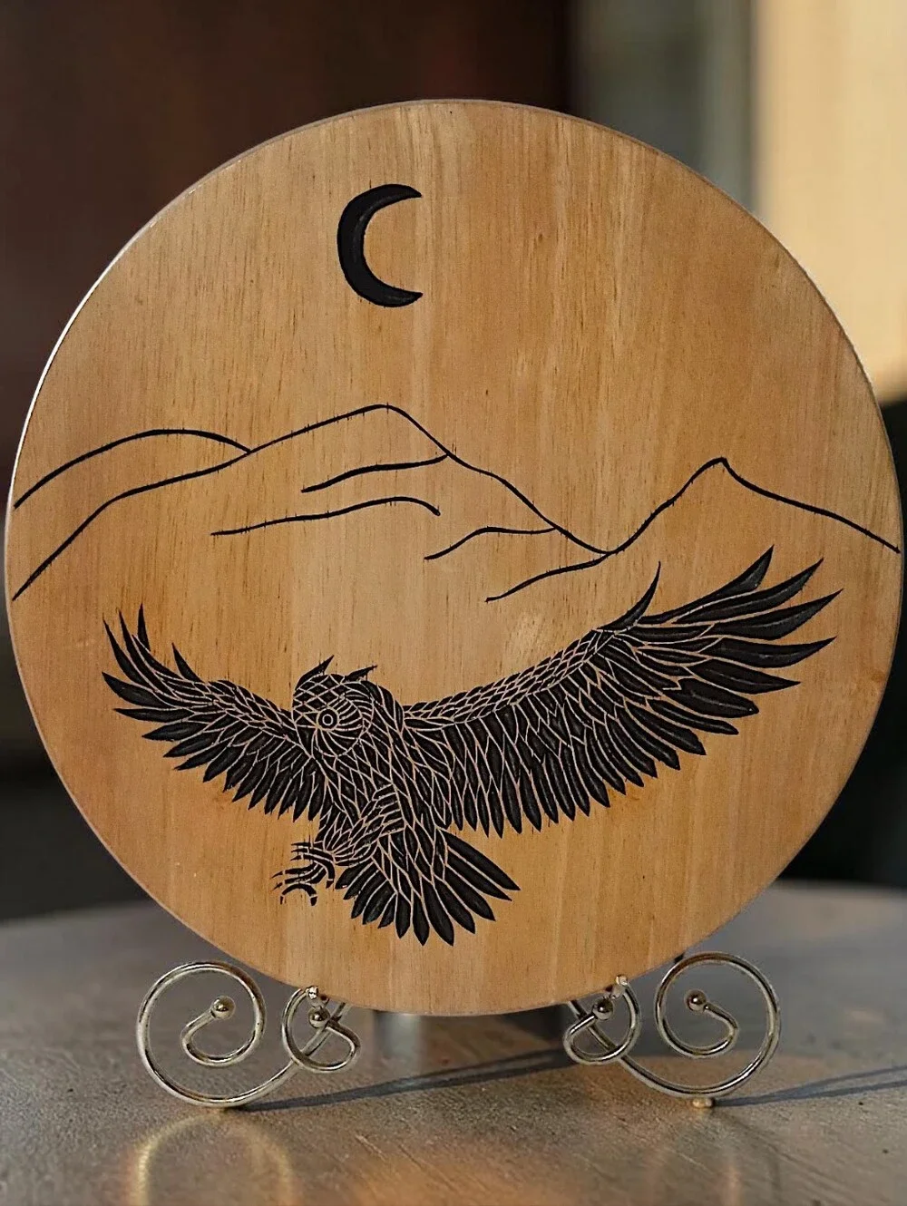 Hand Carved Owl Wooden Lazy Susan Turntable Serving Tray Rustic‎ Cabin Woodland